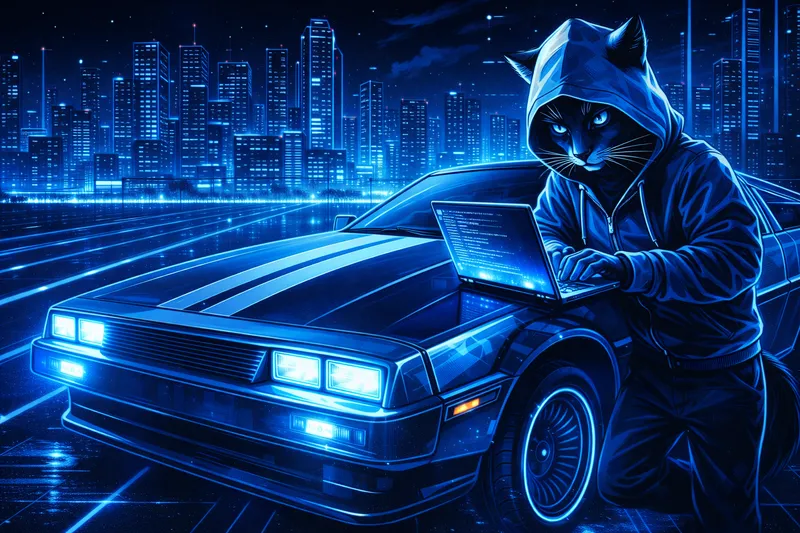 Cyberpunk-style illustration of hooded figure with cat face using laptop beside futuristic car against neon blue cityscape, representing cybersecurity hacking theme