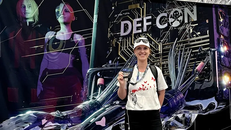 Jana Tom from ELLIO posing at DEF CON 31 in front of large "DEFCON" display with cyberpunk-style artwork featuring futuristic characters and technology