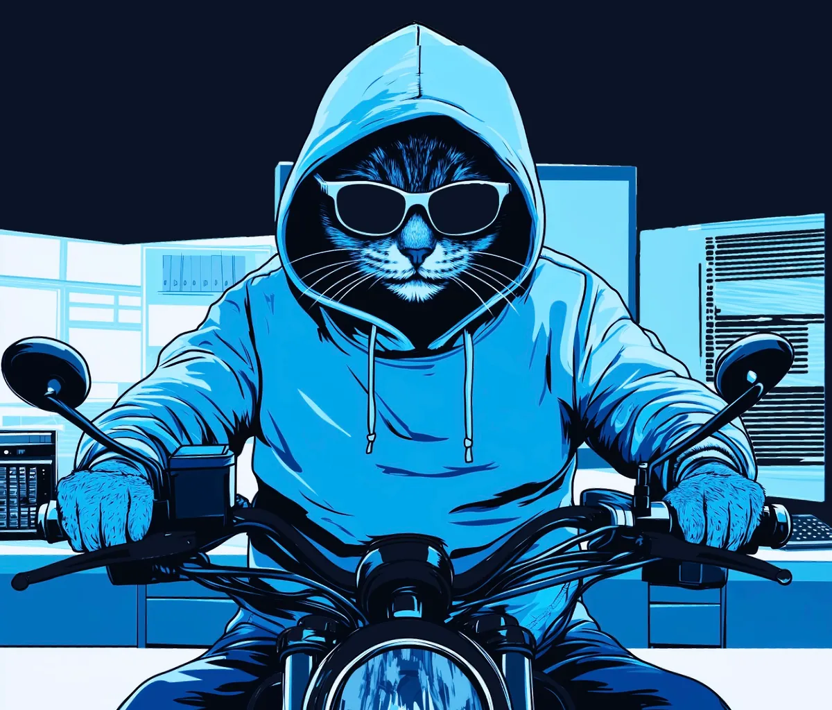 ELLIO cool hacker cat Jack in hoodie and sunglasses sitting on motorcycle in urban setting, illustrated in blue-tinted cyberpunk style