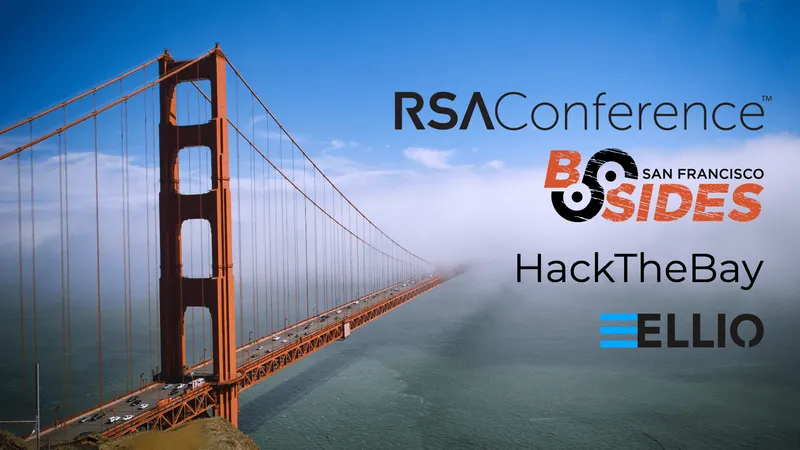 Golden Gate Bridge spanning San Francisco Bay with logos for RSA Conference, BSides San Francisco, HackTheBay, and ELLIO cybersecurity events