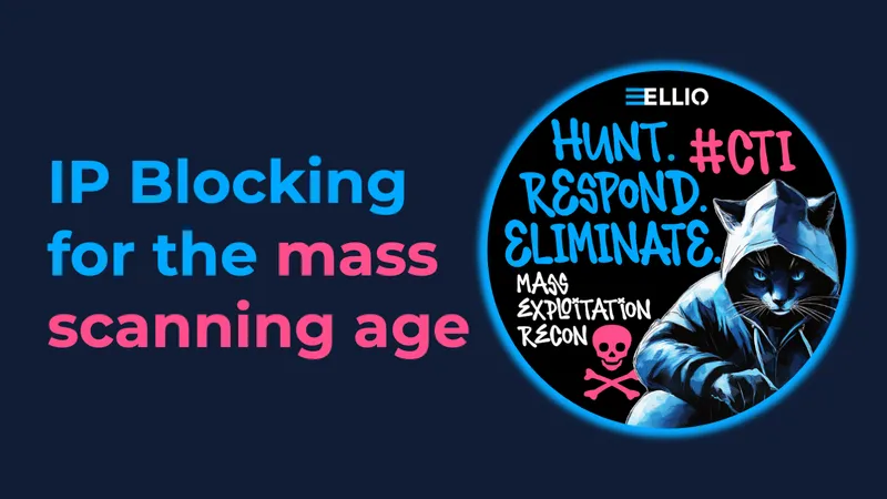ELLIO cybersecurity workshop showing "IP Blocking for the mass scanning age" with circular logo featuring ELLIO Hacket Can Mascot Jack in hoodie and text "HUNT. #CTI RESPOND. ELIMINATE. MASS EXPLOITATION RECON"