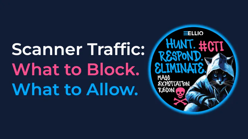 ELLIO cybersecurity banner showing "Scanner Traffic: What to Block. What to Allow." with a ELLIO hacker cat mascot Jack and text threat intelligence