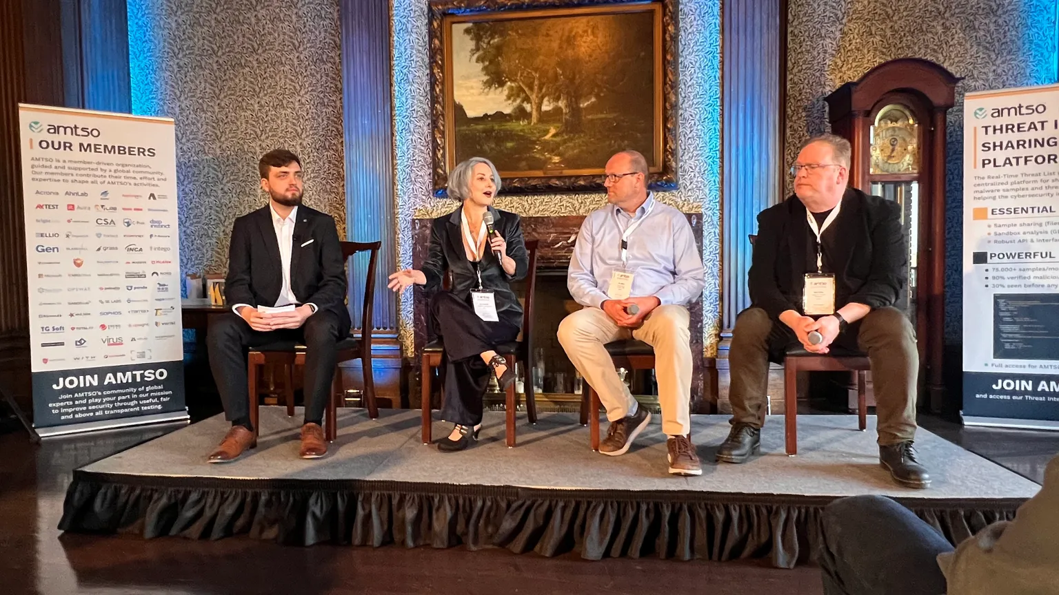 AMTSO Networking Reception during RSAC 2025 with Eva Galperin (Director of Cybersecurity, Electronic Frontier Foundation), Jon Baker (Director and Co-Founder, Center for Threat-Informed Defense at MITRE), and Sam Curry (VP & CISO in Residence, Zscaler), and Vlad Iliushin, ELLIO CEO and President of AMTSO.