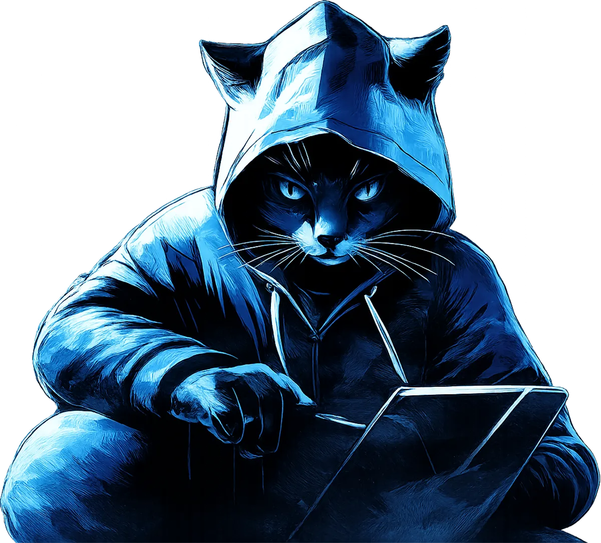 Stylized illustration of a cat in a blue hoodie using a laptop computer, representing a cybersecurity hacker or threat actor