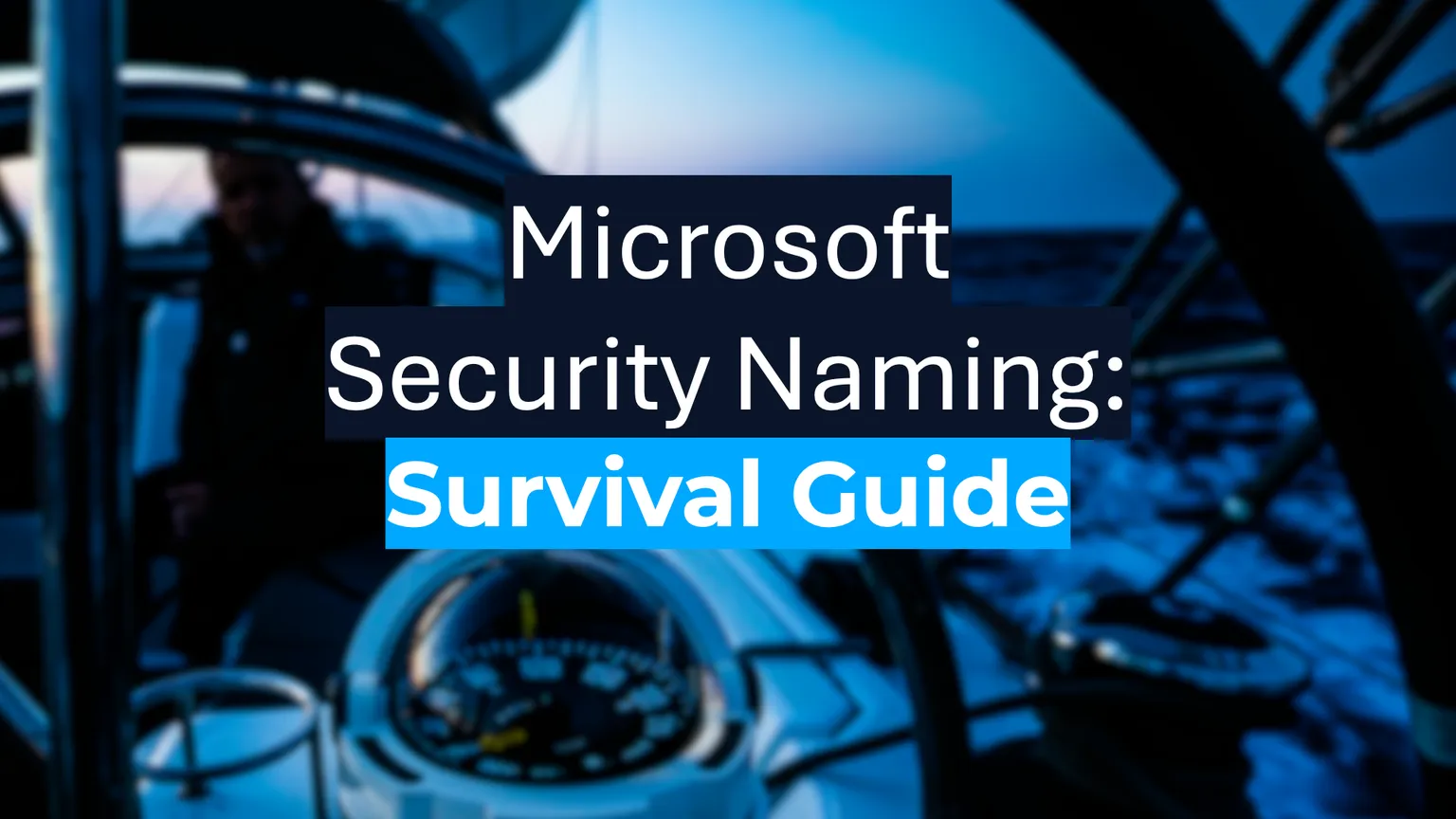 Title slide showing "Microsoft Security Naming: Survival Guide" text overlaid on a blurred blue-tinted image of a car interior dashboard and steering wheel